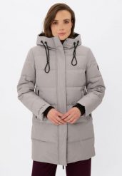 Pikowany płaszcz J-LIVIA. Brązowe płaszcze damskie Volcano, na zimę, xs, bez wzorów, z materiału, bez kołnierzyka, z kapturem. Za 419.99 zł.