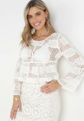 Biała Szydełkowa Bluzka z Falbanką z Bawełny Hokna. Białe bluzki damskie Born2be, bez wzorów, z bawełny, bez kołnierzyka, bez ramiączek. Za 139.99 zł.