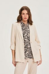 Marynarka z dodatkiem lnu beżowa. Brązowe marynarki i żakiety damskie MOODO, bez wzorów, ze lnu, bez kołnierzyka, bez ramiączek. Za 199.99 zł.