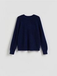 Sweter z wełną - granatowy. Niebieskie swetry nierozpinane damskie Reserved, l, bez wzorów, z dzianiny, bez kołnierzyka, bez ramiączek. Za 149.99 zł.