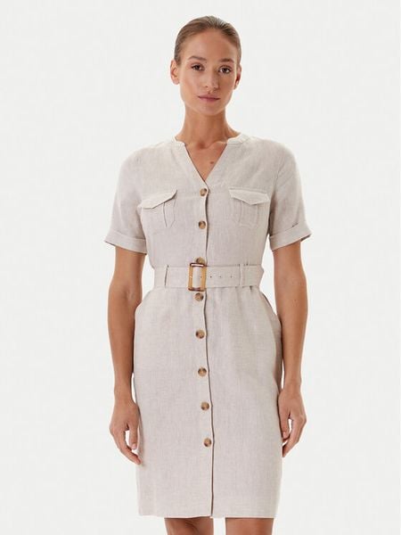Tatuum Sukienka koszulowa Sofori T2509.204 Beżowy Regular Fit. Brązowe sukienki damskie Tatuum, bez wzorów, ze lnu, bez kołnierzyka, bez ramiączek, koszulowe. Za 349.99 zł.