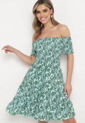 Zielona Bawełniana Sukienka z Dekoltem Typu Hiszpanka i Lekką Falbanką Hannesia. Zielone sukienki damskie Born2be, na co dzień, na lato, l, bez wzorów, z bawełny, eleganckie, bez kołnierzyka, bez ramiączek, mini. Za 34.99 zł.