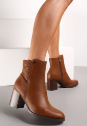 Brązowe Botki w Cyrkonie na Słupku Fiaceno. Brązowe botki damskie Renee, bez wzorów, bez obcasa, na obcasie, bez zapięcia. Za 159.99 zł.