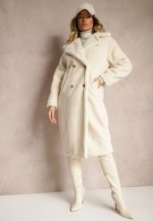 Jasnobeżowy Dwurzędowy Płaszcz z Futerkiem Zelirra. Brązowe płaszcze damskie Renee, xl, bez wzorów, z dzianiny, eleganckie, bez kołnierzyka, bez kaptura. Za 64.99 zł.