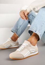 Beżowe Sneakersy Klasyczne Tenisówki Zdobione Przeszyciami Ellexia. Brązowe trampki i tenisówki damskie Renee, z aplikacjami, z jeansu, bez zapięcia. Za 74.99 zł.