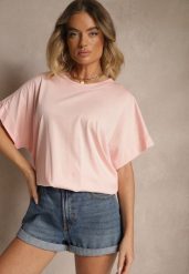 Jasnoróżowy T-shirt z Wiskozą o Fasonie Nietoperza Tanalitha. Czerwone t-shirty damskie Renee, bez wzorów, z jeansu, bez kołnierzyka, bez ramiączek. Za 49.99 zł.