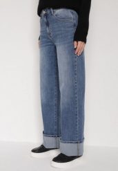 Niebieskie Szerokie Jeansy z Wysokim Stanem i Podwiniętymi Nogawkami Jilora. Niebieskie spodnie materiałowe damskie Born2be, bez wzorów, z jeansu, biznesowe, z podwyższonym stanem. Za 109.99 zł.