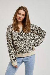Wzorzysta bluza z dekoltem w serek i długimi rękawami beżowa. Brązowe bluzy damskie MOODO, l, bez wzorów, bez ramiączek, bez kaptura. W wyprzedaży za 32.99 zł.