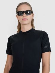 4F Koszulka rowerowa damska - czarna L. Czarne koszulki sportowe damskie 4F, l, bez wzorów, z materiału, bez ramiączek, rowerowe. W wyprzedaży za 119.99 zł.