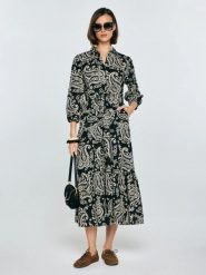 Sukienka damska midi ze wzorem paisley czarna Mazekin 907. Czarne sukienki damskie BIG STAR, na co dzień, l, bez wzorów, boho, bez kołnierzyka, bez ramiączek, midi, dopasowane. Za 249.99 zł.