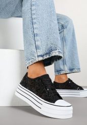 Czarne Siateczkowe Trampki Vices na Platformie Zdobione Cekinami Telandria. Czarne trampki i tenisówki damskie Born2be, z aplikacjami, z jeansu, bez zapięcia. Za 64.99 zł.
