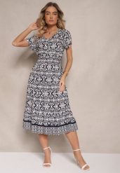 Granatowa Rozkloszowana Sukienka z Bawełny w Print Paisley Lanarisa. Niebieskie sukienki damskie Renee, na co dzień, na lato, l, bez wzorów, z bawełny, eleganckie, bez kołnierzyka, bez ramiączek, midi, rozkloszowane. Za 39.99 zł.