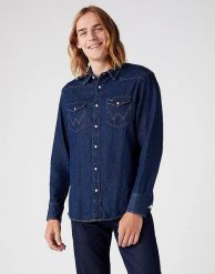 MĘSKA KOSZULA JEANSOWA WRANGLER 27MW NEW W5MSLW301 112130242. Białe koszule męskie Wrangler, m, bez wzorów, z bawełny, eleganckie, bez kołnierzyka, bez ramiączek. Za 169.99 zł.