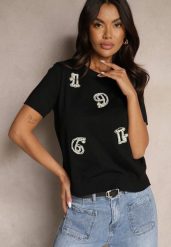Czarny T-shirt z Cyrkoniami Perełkami i Naszywkami Silvivia. Czarne t-shirty damskie Renee, z aplikacjami, z jeansu, sportowe, bez kołnierzyka, bez ramiączek. Za 84.99 zł.