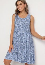 Niebieska Bawełniana Sukienka Bez Rękawów w Kolorowe Plamki Nattelle. Niebieskie sukienki damskie Born2be, na co dzień, l, bez wzorów, z bawełny, eleganckie, bez kołnierzyka, bez ramiączek, midi. Za 39.99 zł.