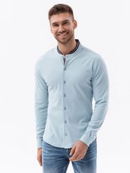 Koszula męska dzianinowa z długim rękawem - błękitna V3 K542 - XXL. Niebieskie koszule męskie Ombre Clothing, m, bez wzorów, z dzianiny, bez kołnierzyka, bez ramiączek. W wyprzedaży za 49.99 zł.