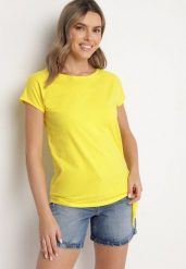 Żółty Bawełniany T-shirt z Wiązaniem Falmio. Żółte t-shirty damskie Born2be, m, bez wzorów, z bawełny, eleganckie, bez kołnierzyka, bez ramiączek. Za 29.99 zł.