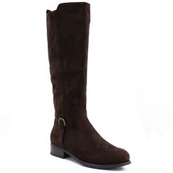 Kozaki damskie zamszowe ciemny brąz Sabatina 24160-100. Kozaki damskie Sabatina, bez wzorów, ze skóry ekologicznej, bez obcasa, bez zapięcia. Za 189.99 zł.