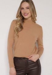 Ciemnobeżowy Gładki Sweter z Półgolfem w Stylu Casual Unallia. Brązowe swetry nierozpinane damskie Born2be, l, bez wzorów, z jeansu, biznesowe, bez kołnierzyka, bez ramiączek. Za 59.99 zł.