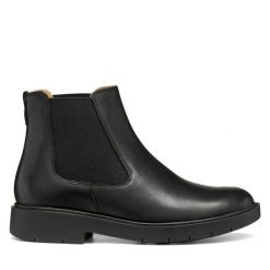 Sztyblety Geox. Czarne botki damskie Geox, bez wzorów, bez obcasa, na płaskiej podeszwie, bez zapięcia. Za 639.99 zł.