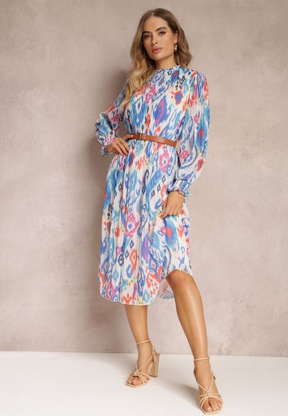 Niebieska Rozkloszowana Sukienka z Plisowaniem i Paskiem Thelosine. Niebieskie sukienki damskie Renee, na imprezę, l, bez wzorów, bez kołnierzyka, bez ramiączek, midi, rozkloszowane. Za 129.99 zł.