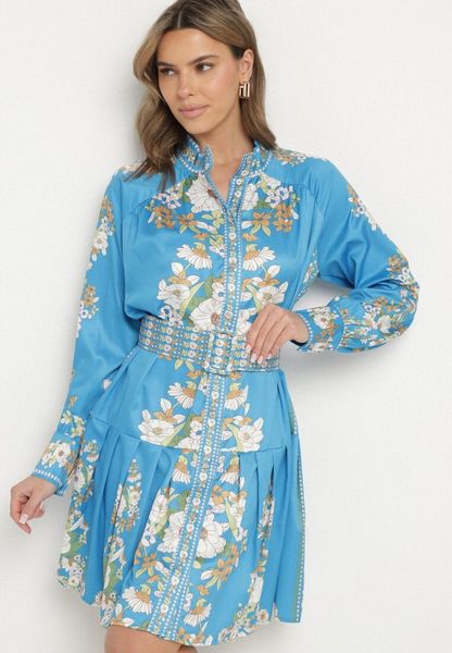 Niebieska Sukienka Koszulowa w Kwiatowy Wzór z Bufiastymi Rękawami i Paskiem Aladira. Niebieskie sukienki damskie Born2be, na co dzień, m, bez wzorów, eleganckie, bez kołnierzyka, bez ramiączek, mini, koszulowe. Za 69.99 zł.