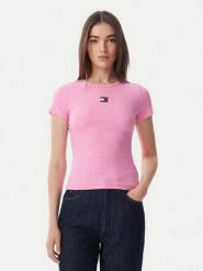 Tommy Jeans T-Shirt Badge DW0DW17881 Różowy jasny Slim Fit. Czerwone t-shirty damskie Tommy Jeans, s, bez wzorów, z bawełny, bez kołnierzyka, bez ramiączek. Za 169.99 zł.