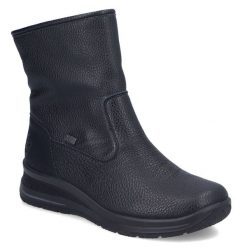 Wodoodporne botki damskie czarne Rieker L7760-00. Czarne botki damskie Rieker, bez wzorów, ze skóry ekologicznej, bez obcasa, bez zapięcia. Za 389.00 zł.