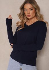 Granatowy Minimalistyczny Sweter z Dekoltem w Kształcie Litery V Sinovae. Niebieskie swetry nierozpinane damskie Renee, m, bez wzorów, z jeansu, casualowe, bez kołnierzyka, bez ramiączek. Za 44.99 zł.