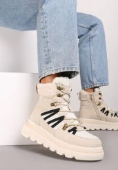 Beżowe Futerkowe Traperki na Niskiej Platformie Linivora. Brązowe trapery damskie Renee, z jeansu, bez zapięcia. Za 89.99 zł.