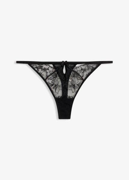 Stringi z eleganckim haftem. Czarne majtki damskie bonprix. Za 34.99 zł.