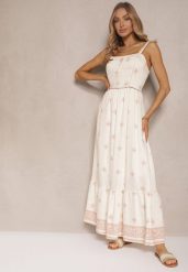 Beżowa Sukienka z Wiskozą o Rozkloszowanym Kroju na Ramiączkach w Boho Print Leaella. Brązowe sukienki damskie Renee, na co dzień, l, bez wzorów, z wiskozy, boho, bez kołnierzyka, bez ramiączek, midi, rozkloszowane. Za 84.99 zł.