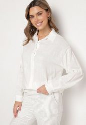 Biała Koszula z Wiskozą i Lnem o Kroju Oversize Katavie. Białe koszule damskie Born2be, m, bez wzorów, z jeansu, eleganckie, bez kołnierzyka, bez ramiączek. Za 109.99 zł.