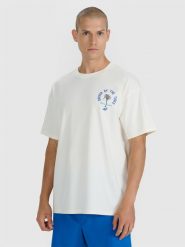 4F T-shirt oversize z nadrukiem męski - beżowy M. Brązowe t-shirty męskie 4F, m, bez wzorów, z bawełny, bez kołnierzyka, bez ramiączek. Za 69.99 zł.