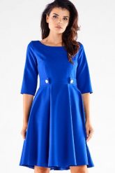 Elegancka sukienka rozkloszowana z ozdobnymi guzikami niebieska. Niebieskie sukienki damskie Awama, do pracy, xl, bez wzorów, z wiskozy, biznesowe, bez kołnierzyka, bez ramiączek, rozkloszowane. Za 349.00 zł.