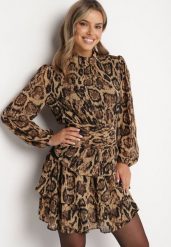 Brązowa Sukienka w Panterkę o Rozkloszowanym Kroju ze Stójką i Falbankami Tirinnis. Brązowe sukienki damskie Born2be, l, bez wzorów, eleganckie, bez kołnierzyka, bez ramiączek, mini, rozkloszowane. Za 149.99 zł.