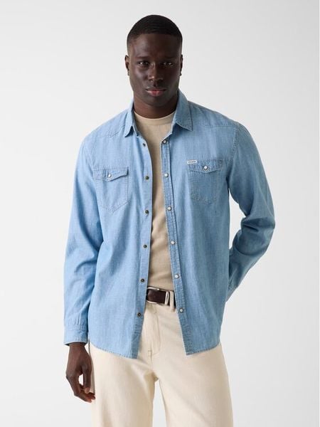 Guess Koszula 183286 Niebieski Classic Fit. Niebieskie koszule męskie Guess, m, z aplikacjami, z bawełny, bez kołnierzyka, bez ramiączek. Za 404.99 zł.