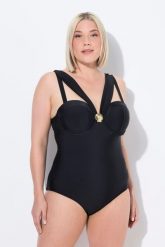 Damski Strój kąpielowy fiszbiny miękkie miseczki regulowane ramiączka. Czarne stroje kąpielowe damskie Ulla Popken, plus size, bez wzorów, z elastanu. Za 233.99 zł.