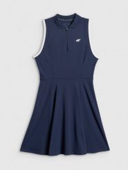 4F Sukienka tenisowa damska - granatowa S. Niebieskie sukienki damskie 4F, na co dzień, s, bez wzorów, z dzianiny, sportowe, bez kołnierzyka, bez ramiączek, maxi, sportowe. Za 129.99 zł.