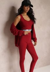 Czerwony 3-częściowy Komplet Legginsy z Gumką w Talii z Topem i Bluzą z Kapturem Lineta. Czerwone bluzy damskie Renee, m, bez wzorów, bez ramiączek, z kapturem. Za 74.99 zł.