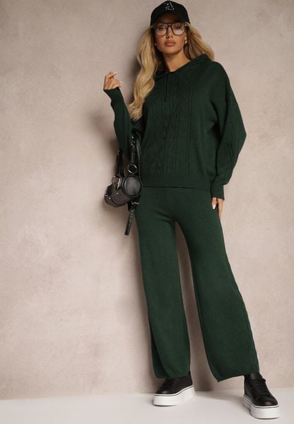 Ciemnozielony Komplet z Dzianiny Oversizowa Bluza z Kapturem i Spodnie z Szerokimi Nogawkami Mathuva. Zielone bluzy damskie Renee, bez wzorów, z dzianiny, bez ramiączek, z kapturem. Za 129.99 zł.