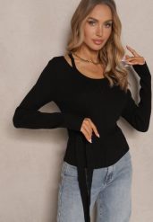 Czarny Wiskozowy Sweter Wiązany w Talii z Asymetrycznym Dekoltem Kornelita. Czarne swetry nierozpinane damskie Renee, m, bez wzorów, z jeansu, casualowe, z asymetrycznym kołnierzem, bez ramiączek. Za 74.99 zł.