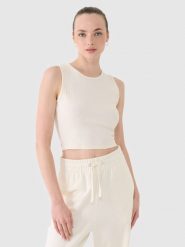 4F Crop top dzianinowy damski - biały S. Białe topy damskie 4F, s, bez wzorów, z bawełny, sportowe, bez kołnierzyka, bez ramiączek. W wyprzedaży za 29.99 zł.