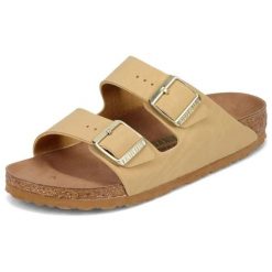 Klapki damskie Birkenstock Arizona BS regular. Brązowe klapki damskie Birkenstock, bez wzorów, z jeansu, eleganckie, bez obcasa, bez zapięcia. Za 287.00 zł.