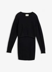 Komplet ciążowy: sweter i spódnica na okres ciąży i po nim, z bawełny organicznej (2 części). Czarne swetry nierozpinane damskie bonprix, bez wzorów, z bawełny, bez kołnierzyka, moda ciążowa, bez ramiączek. Za 239.99 zł.