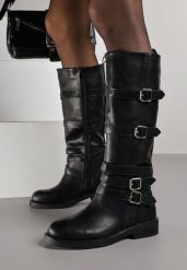 Czarne Kozaki Bikery Ozdobione Paskami i Kwadratowymi Klamrami Lingara. Czarne kozaki damskie Born2be, bez wzorów, z jeansu, bez obcasa, na płaskiej podeszwie, bez zapięcia. Za 179.99 zł.