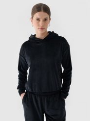 4F Bluza dresowa z weluru nierozpinana z kapturem damska - czarna L. Czarne bluzy damskie 4F, l, bez wzorów, z dresówki, sportowe, bez ramiączek, z kapturem. W wyprzedaży za 59.99 zł.