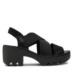 Sandały Fly London. Czarne sandały damskie Fly London, bez wzorów, bez obcasa, na słupku, bez zapięcia. Za 499.99 zł.