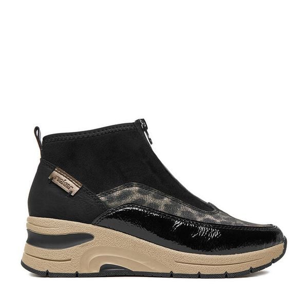 Botki Rieker. Czarne botki damskie Rieker, bez wzorów, bez obcasa, na koturnie, bez zapięcia. Za 269.99 zł.