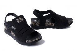 RIEKER 64463-01 black, sandały damskie. Czarne sandały damskie Rieker, bez wzorów, bez obcasa, na koturnie, bez zapięcia. Za 255.92 zł.